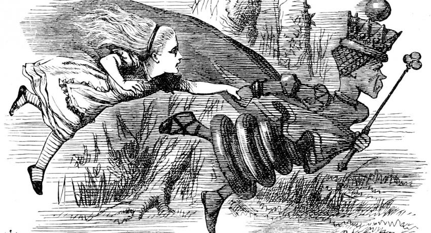 "Well, in our country," said Alice, still panting a little, "you'd generally get to somewhere else—if you run very fast for a long time, as we've been doing." "A slow sort of country!" said the Queen. "Now, here, you see, it takes all the running you can do, to keep in the same place. If you want to get somewhere else, you must run at least twice as fast as that!"